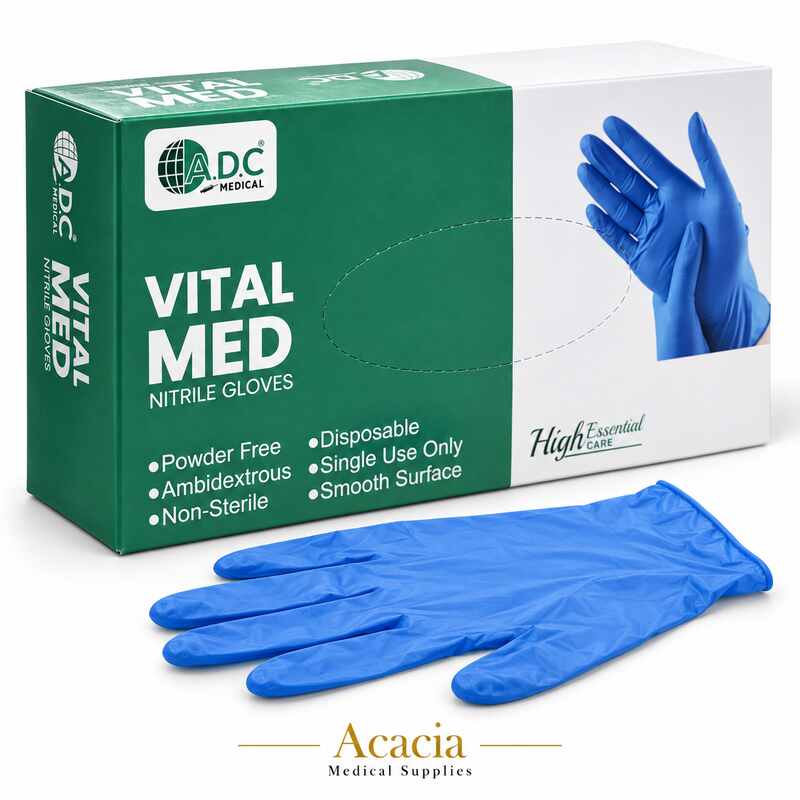 قفازات نتريل زرقاء Vital Med من A.D.C – بدون بودرة، 100 قفاز